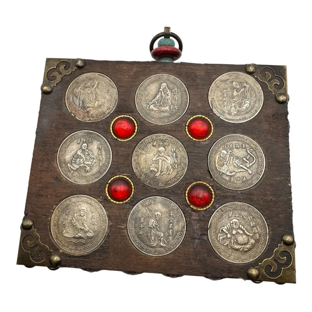 Vintage Chinese Arhat Coin‎ Plaque Buddhist Wall Hanging Wood Brass 6x7